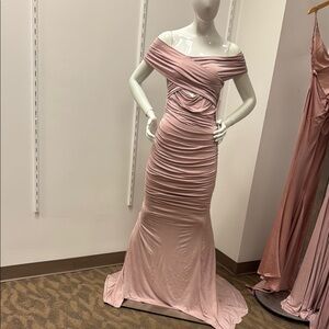 Cinderella Divine Pink Off Shoulder Ruched Prom Gown
